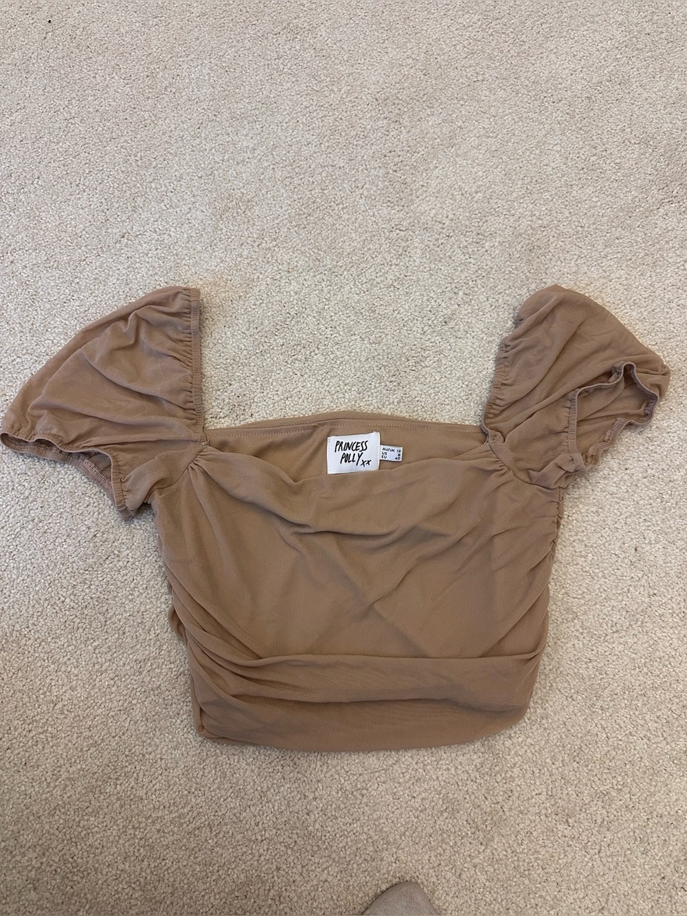 Princess Polly light brown mesh sleve crop top